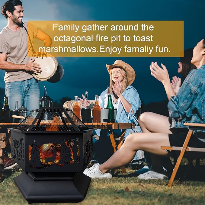 24'' Hexagon Outdoor Fire Pit Wood Burning Outdoor Fireplace with Poker and Mesh Patio Fire Pit Hex Shaped Fire Bowl Stove with Spark Screen Cover for Outdoor Outside Camping Picnic Garden Black