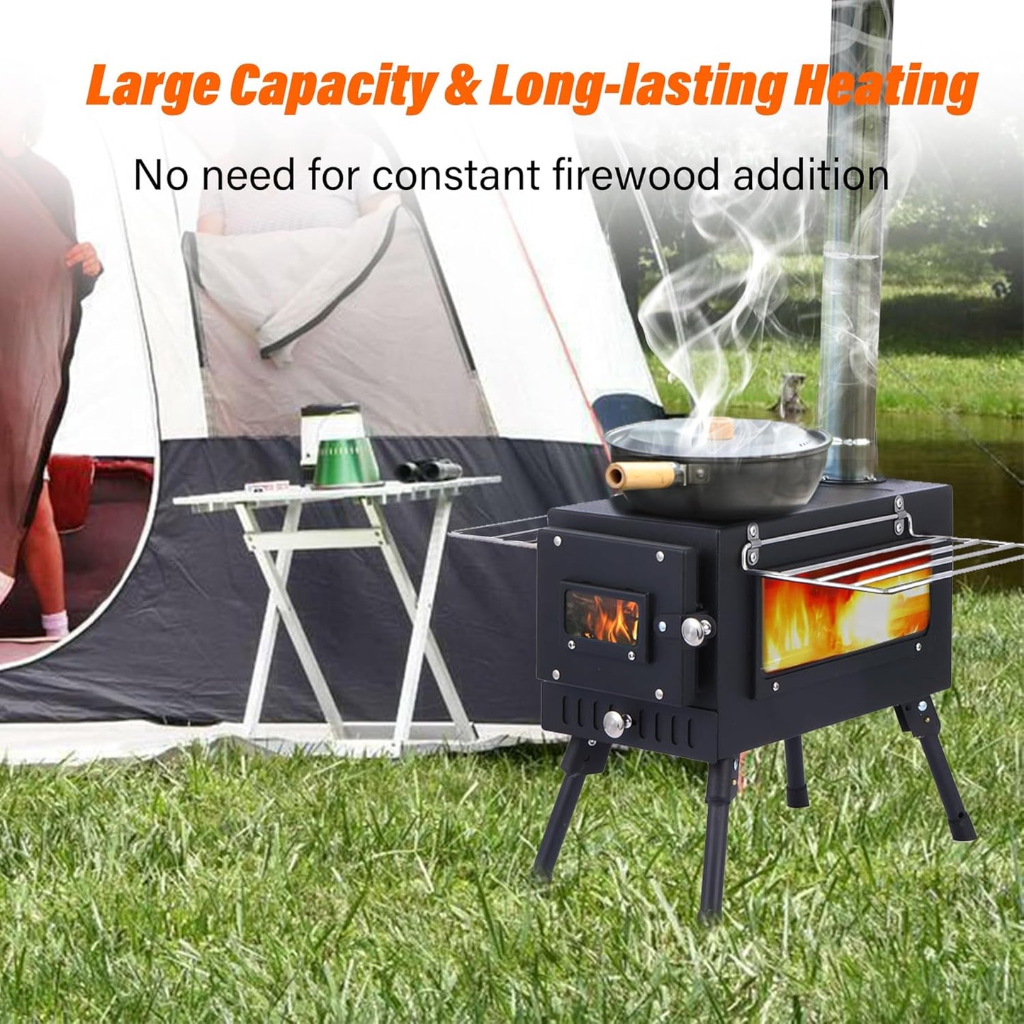 Poêle à bois en titane avec fenêtre latérale, poêle à bois pour tente avec conduits de cheminée, réchaud de camping pliable et portable, robuste, verre résistant à la chaleur et gants