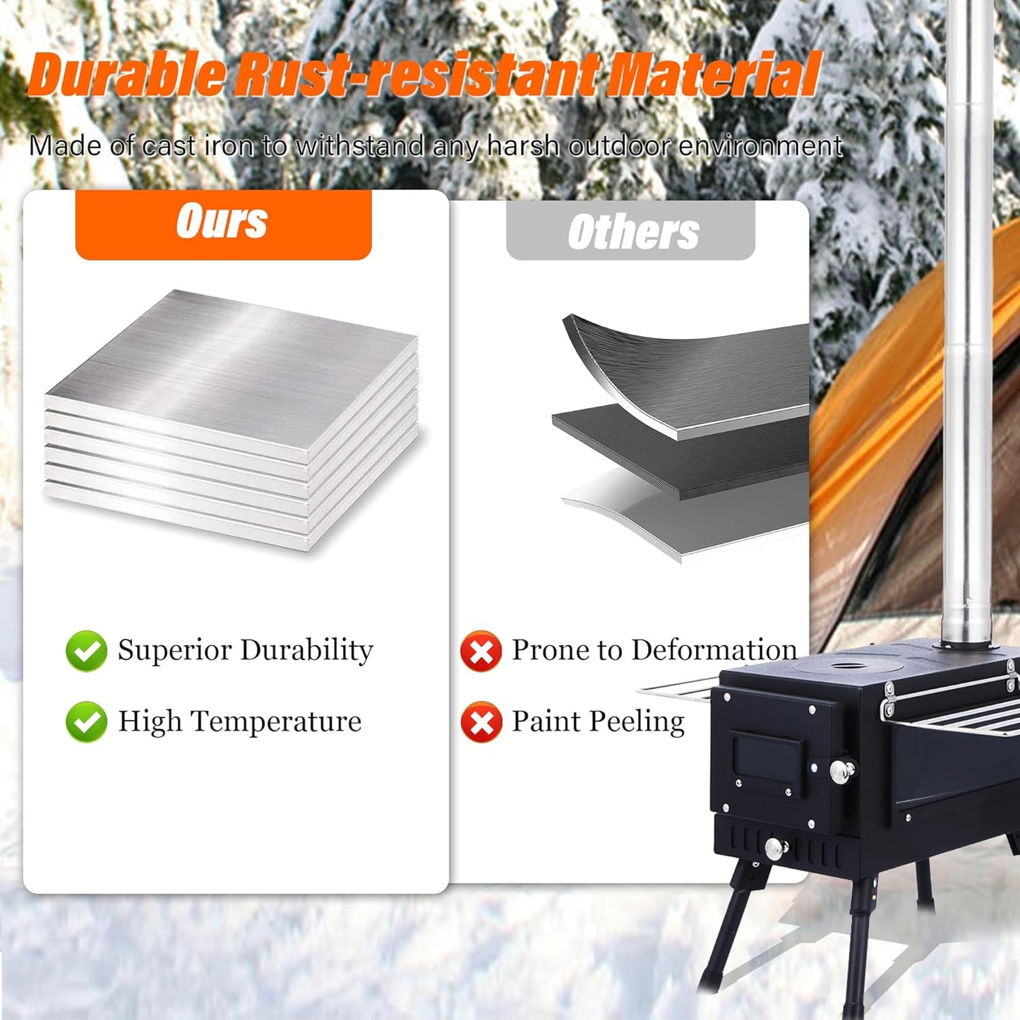 Poêle à bois en titane avec fenêtre latérale, poêle à bois pour tente avec conduits de cheminée, réchaud de camping pliable et portable, robuste, verre résistant à la chaleur et gants