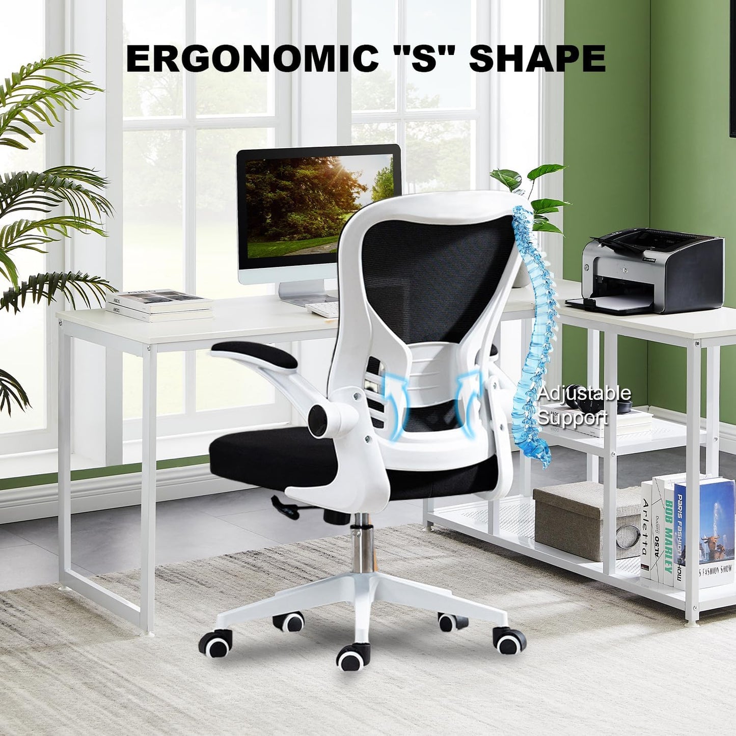 Chaise de bureau ergonomique pivotante à dossier moyen en maille YT-030, avec roulettes, soutien lombaire confortable pour la maison, la chambre, le bureau, les étudiants et les adultes.