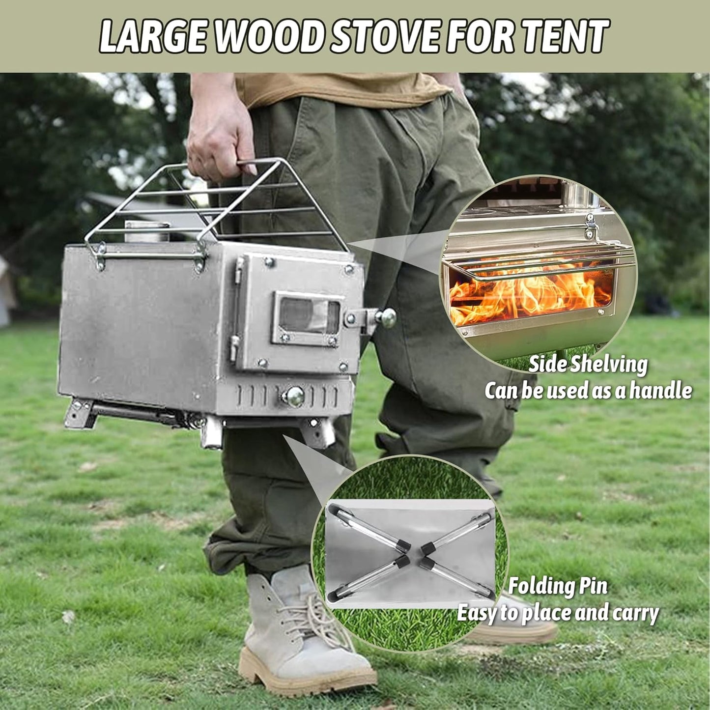 Poêle à bois en titane avec fenêtre latérale, poêle à bois pour tente avec conduits de cheminée, réchaud de camping pliable et portable, robuste, verre résistant à la chaleur et gants