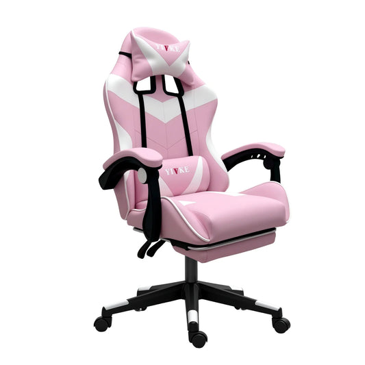 YT208F Gaming Chair with Headrest and Lumbar Support, PU Leather Computer Racing Chair Desk, Adjustable High Gamer Chair, 135° Angle Ergonomic Design with Footrest (White Pink)
