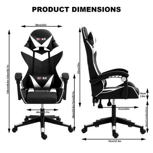 Chaise de jeu YT208 avec appui-tête et soutien lombaire, chaise de bureau de course en cuir PU, chaise de jeu haute réglable, design ergonomique à angle de 135° avec repose-pieds (noir et blanc) 