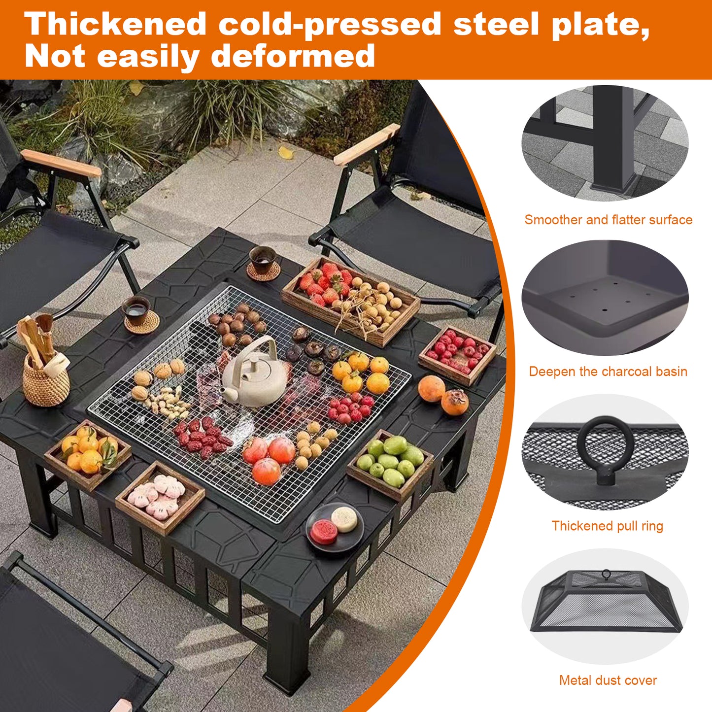 32" Fire Pit Table for Outside,Outdoor Fire Pit Square Wood Burning with Spark Screen Fire Poker for Camping,Backyard,Patio(Black)