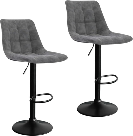 Bar Stools Set of 2, Swivel BarStools for Kitchen, Adjustable PU Leather Bar Chairs, Modern Armless Kitchen Island Stool, Height Adjustable Counter Stool Barstools Dining Chair with Back, Grey
