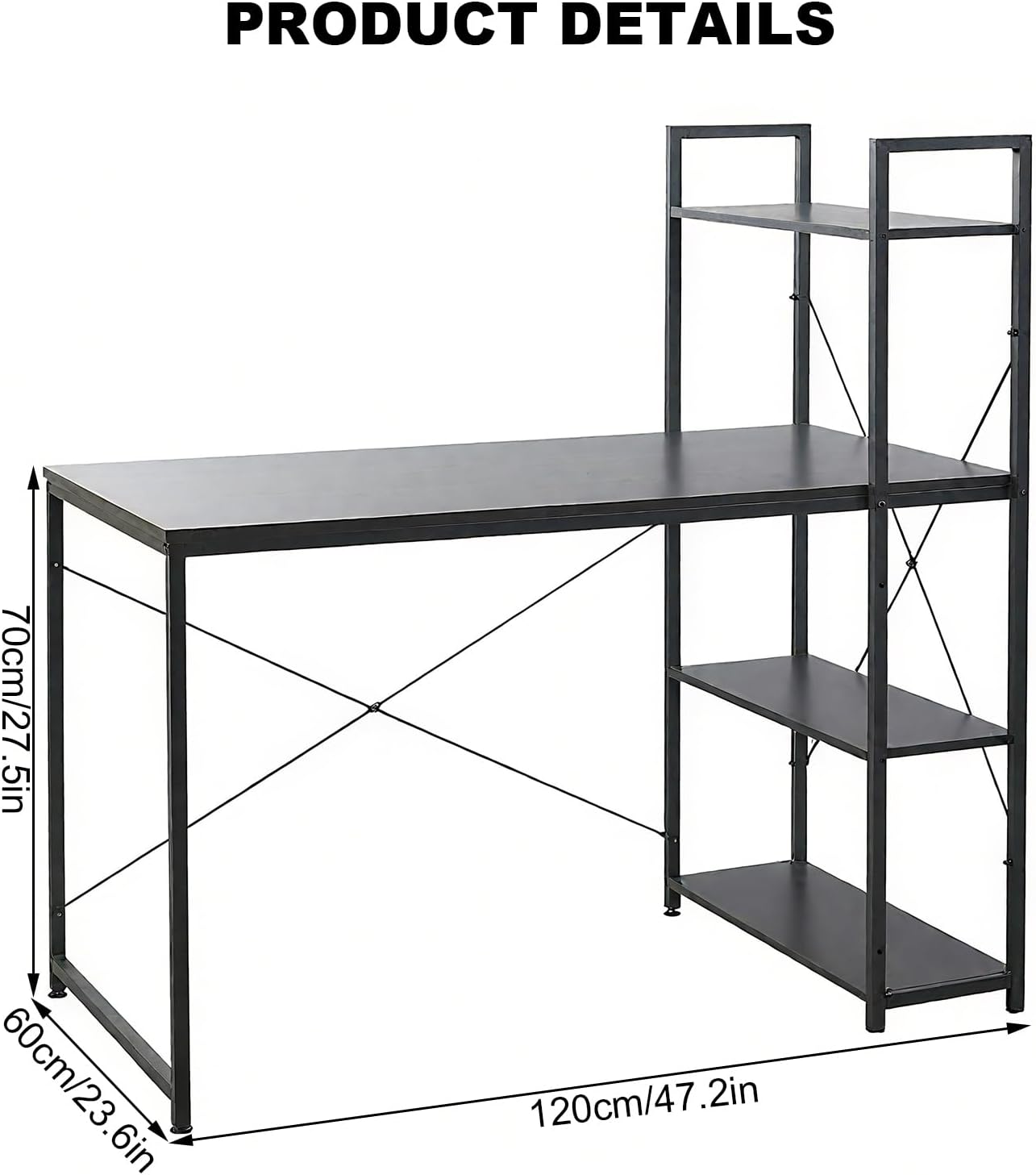 Ergonomic 47" Computer Desk with Bookshelf & Storage Shelves, Small Space Home Office Desk for Gaming Study Bedroom - Black