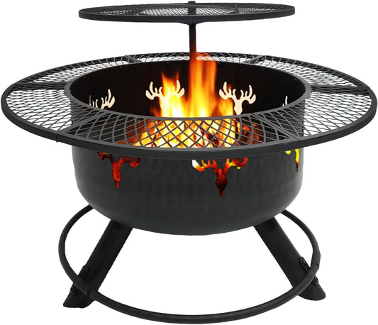 Yivke 30.5" 3-Tier Outdoor Fire Pit,Top-Rotating Grill, Storage Shelf &amp; Fire Basin with Poker/Grill Net Rotating Gatio, Storage Deck Fire Bowl, BBQ Fire Pit, Bonfire, Camping, Backyard, Black