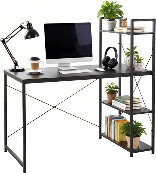 Ergonomic 47" Computer Desk with Bookshelf & Storage Shelves, Small Space Home Office Desk for Gaming Study Bedroom - Black