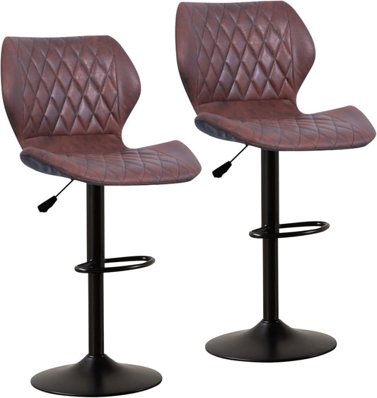 Bar Stools Set of 2, Swivel BarStools for Kitchen, Adjustable PU Leather Bar Chairs, Modern Armless Kitchen Island Stool, Height Adjustable Counter Stool Barstools Dining Chair with Back, Red