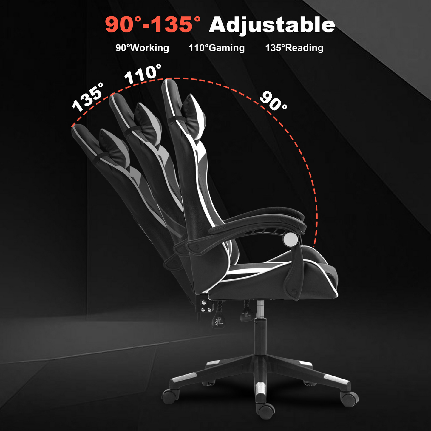 Chaise de jeu YT208 avec appui-tête et soutien lombaire, chaise de bureau de course en cuir PU, chaise de jeu haute réglable, design ergonomique à angle de 135° avec repose-pieds (noir et blanc) 