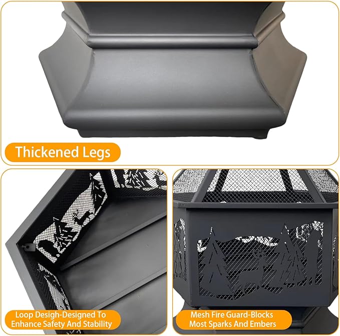 24'' Hexagon Outdoor Fire Pit Wood Burning Outdoor Fireplace with Poker and Mesh Patio Fire Pit Hex Shaped Fire Bowl Stove with Spark Screen Cover for Outdoor Outside Camping Picnic Garden Black
