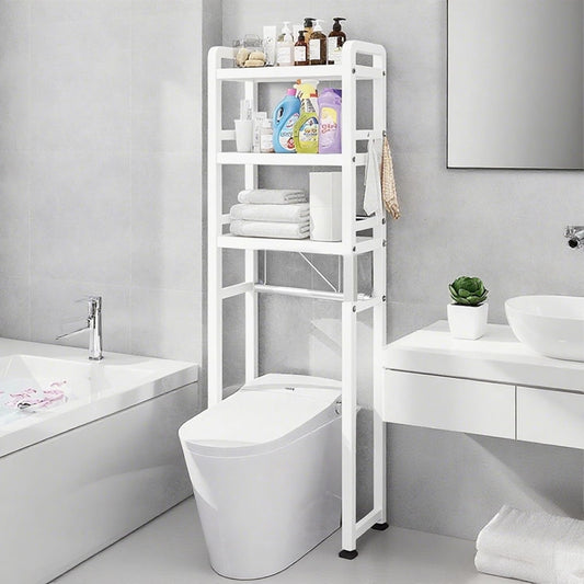 Yivke Over-The-Toilet Storage Rack, Adjustable Bathroom Organizer Shelf Over Toilet, Freestanding Storage Shelf with 4 Hooks for Bathroom, Freestanding Saver Shelf for Bathroom,Kitchen, White