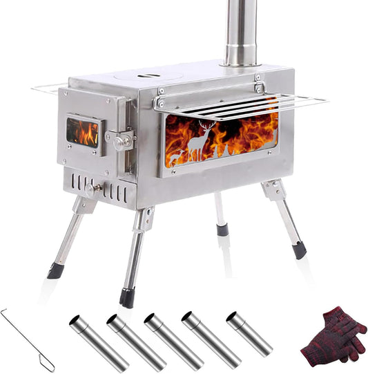 Poêle à bois en titane avec fenêtre latérale, poêle à bois pour tente avec conduits de cheminée, réchaud de camping pliable et portable, robuste, verre résistant à la chaleur et gants 