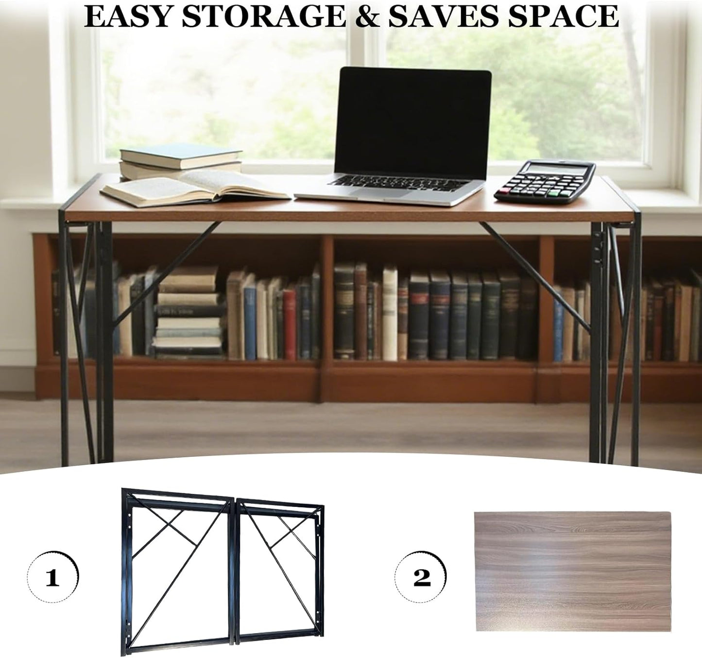 Yivke Folding Computer Desk, 100 x 50 x 75 cm, Space-Saving Study Table, Portable Home Office Desk with Steel Frame