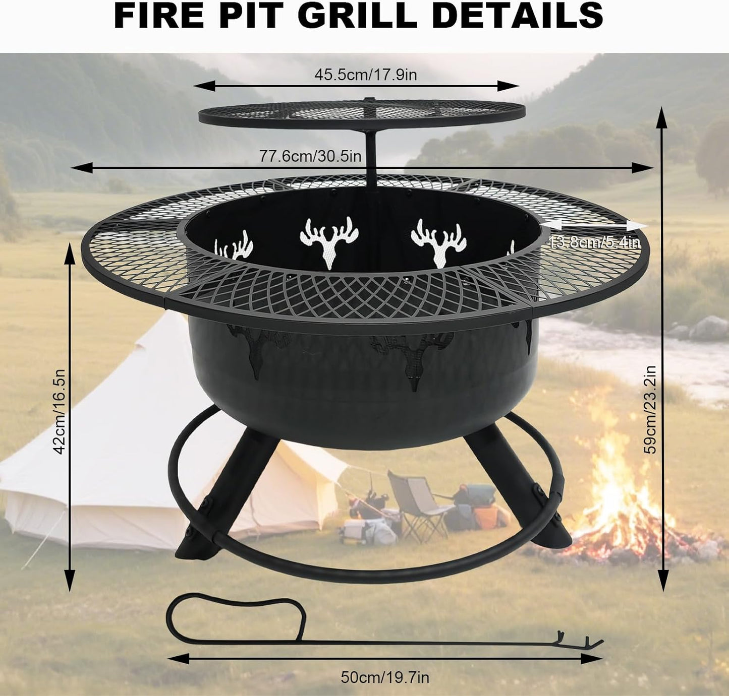 Yivke 30.5" 3-Tier Outdoor Fire Pit,Top-Rotating Grill, Storage Shelf &amp; Fire Basin with Poker/Grill Net Rotating Gatio, Storage Deck Fire Bowl, BBQ Fire Pit, Bonfire, Camping, Backyard, Black
