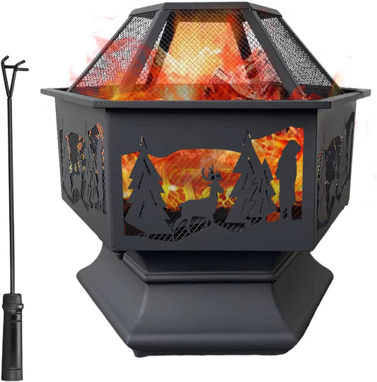 24'' Hexagon Outdoor Fire Pit Wood Burning Outdoor Fireplace with Poker and Mesh Patio Fire Pit Hex Shaped Fire Bowl Stove with Spark Screen Cover for Outdoor Outside Camping Picnic Garden Black