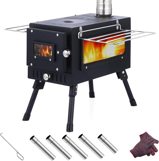 Poêle à bois en titane avec fenêtre latérale, poêle à bois pour tente avec conduits de cheminée, réchaud de camping pliable et portable, robuste, verre résistant à la chaleur et gants 