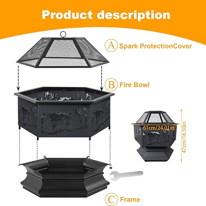24'' Hexagon Outdoor Fire Pit Wood Burning Outdoor Fireplace with Poker and Mesh Patio Fire Pit Hex Shaped Fire Bowl Stove with Spark Screen Cover for Outdoor Outside Camping Picnic Garden Black