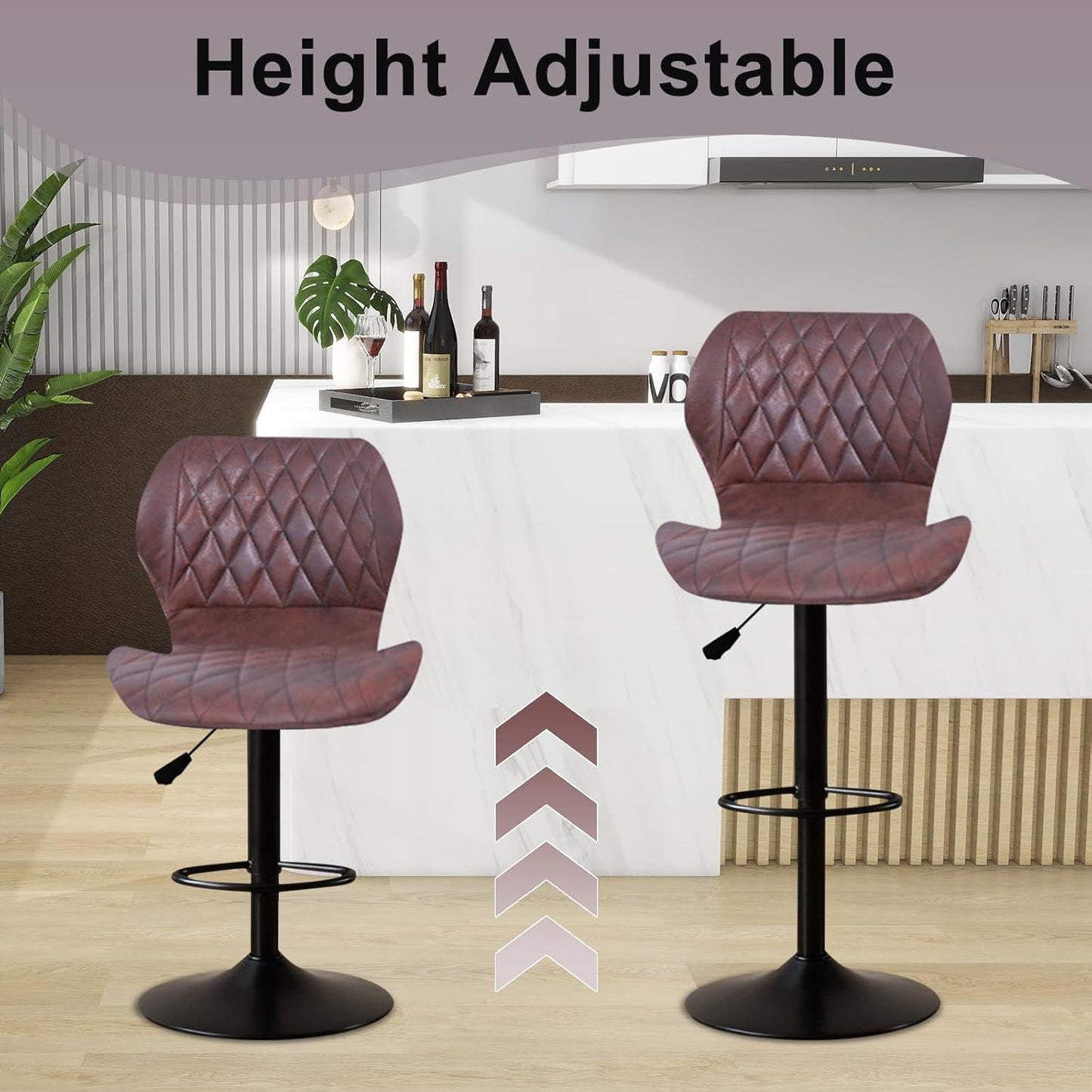 Bar Stools Set of 2, Swivel BarStools for Kitchen, Adjustable PU Leather Bar Chairs, Modern Armless Kitchen Island Stool, Height Adjustable Counter Stool Barstools Dining Chair with Back, Red