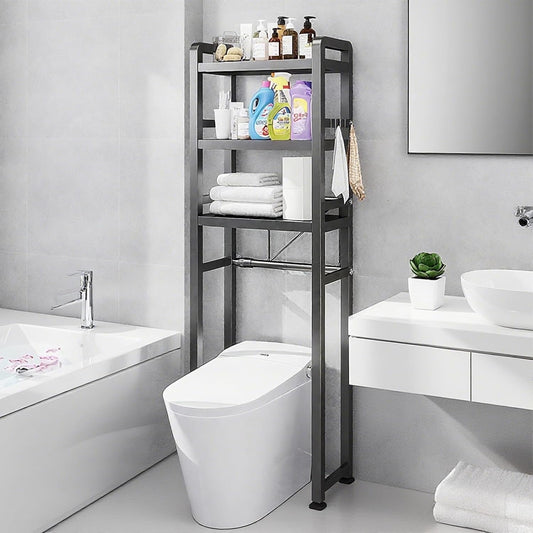 Yivke Over-The-Toilet Storage Rack, Adjustable Bathroom Organizer Shelf Over Toilet, Freestanding Storage Shelf with 4 Hooks for Bathroom, Freestanding Saver Shelf for Bathroom,Kitchen, Black (Black)