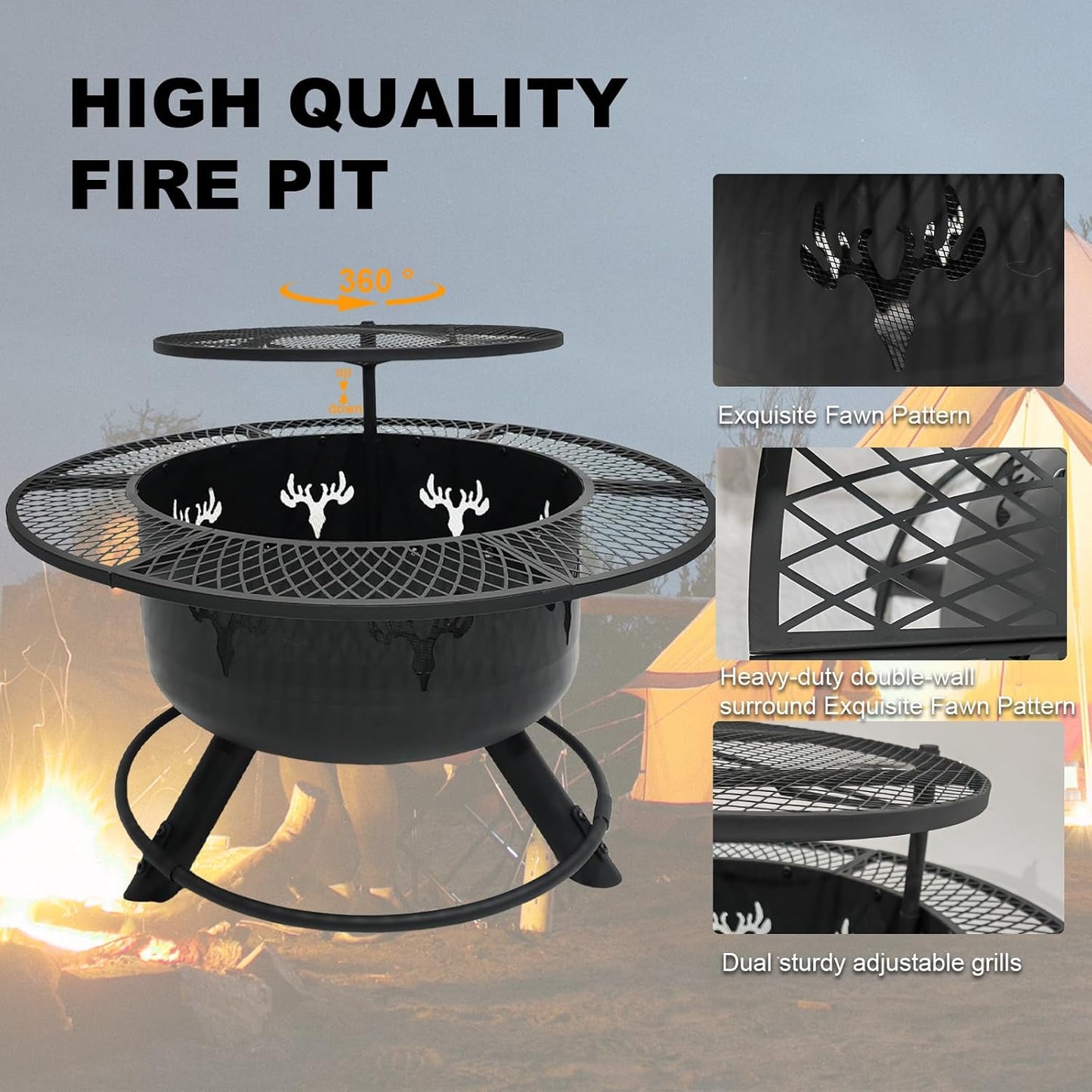 Yivke 30.5" 3-Tier Outdoor Fire Pit,Top-Rotating Grill, Storage Shelf &amp; Fire Basin with Poker/Grill Net Rotating Gatio, Storage Deck Fire Bowl, BBQ Fire Pit, Bonfire, Camping, Backyard, Black