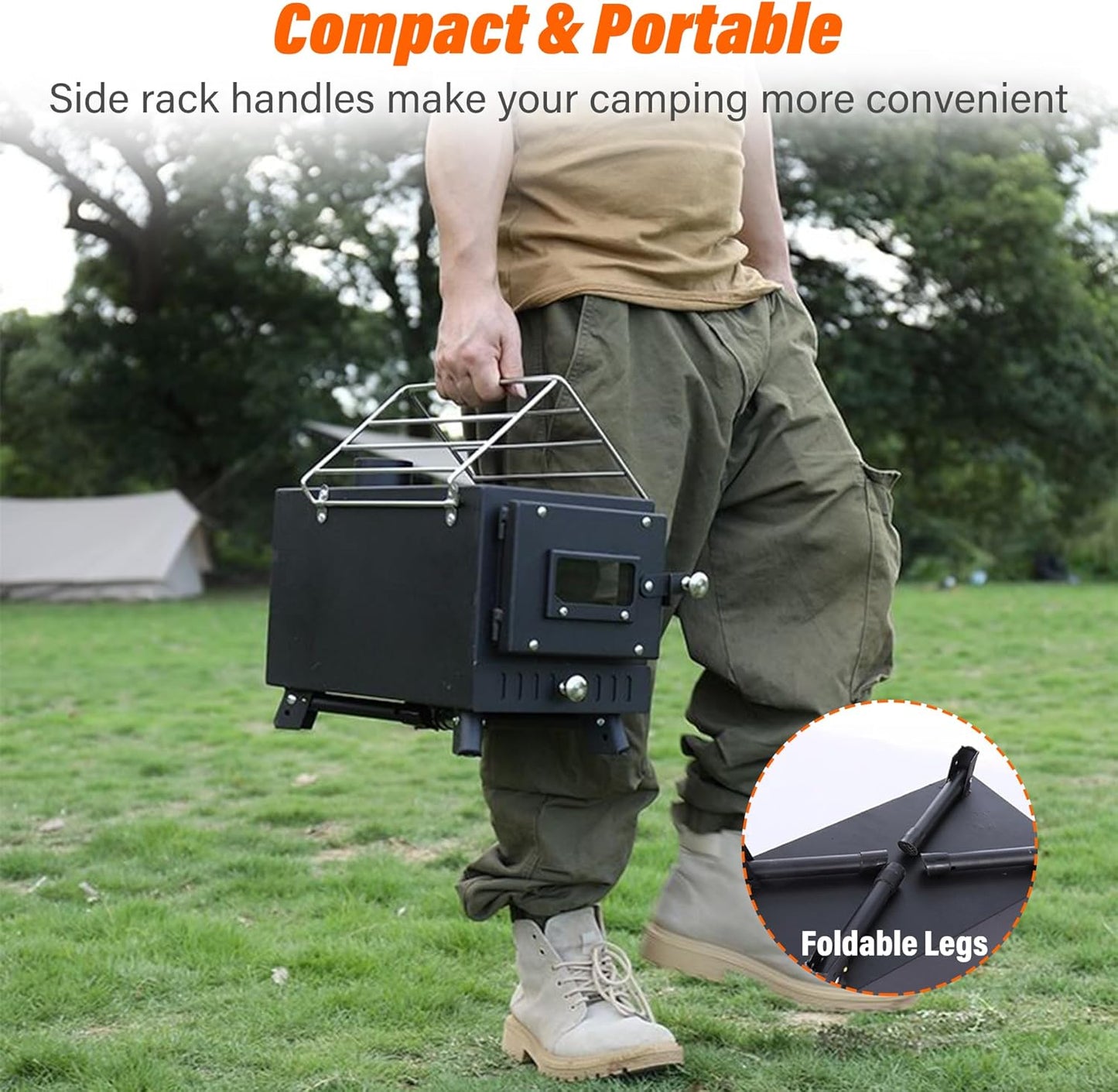 Poêle à bois en titane avec fenêtre latérale, poêle à bois pour tente avec conduits de cheminée, réchaud de camping pliable et portable, robuste, verre résistant à la chaleur et gants 