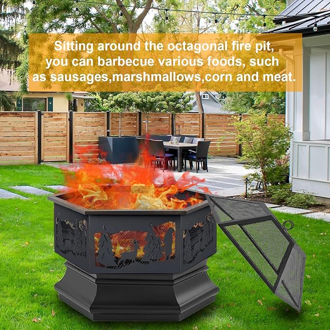 24'' Hexagon Outdoor Fire Pit Wood Burning Outdoor Fireplace with Poker and Mesh Patio Fire Pit Hex Shaped Fire Bowl Stove with Spark Screen Cover for Outdoor Outside Camping Picnic Garden Black