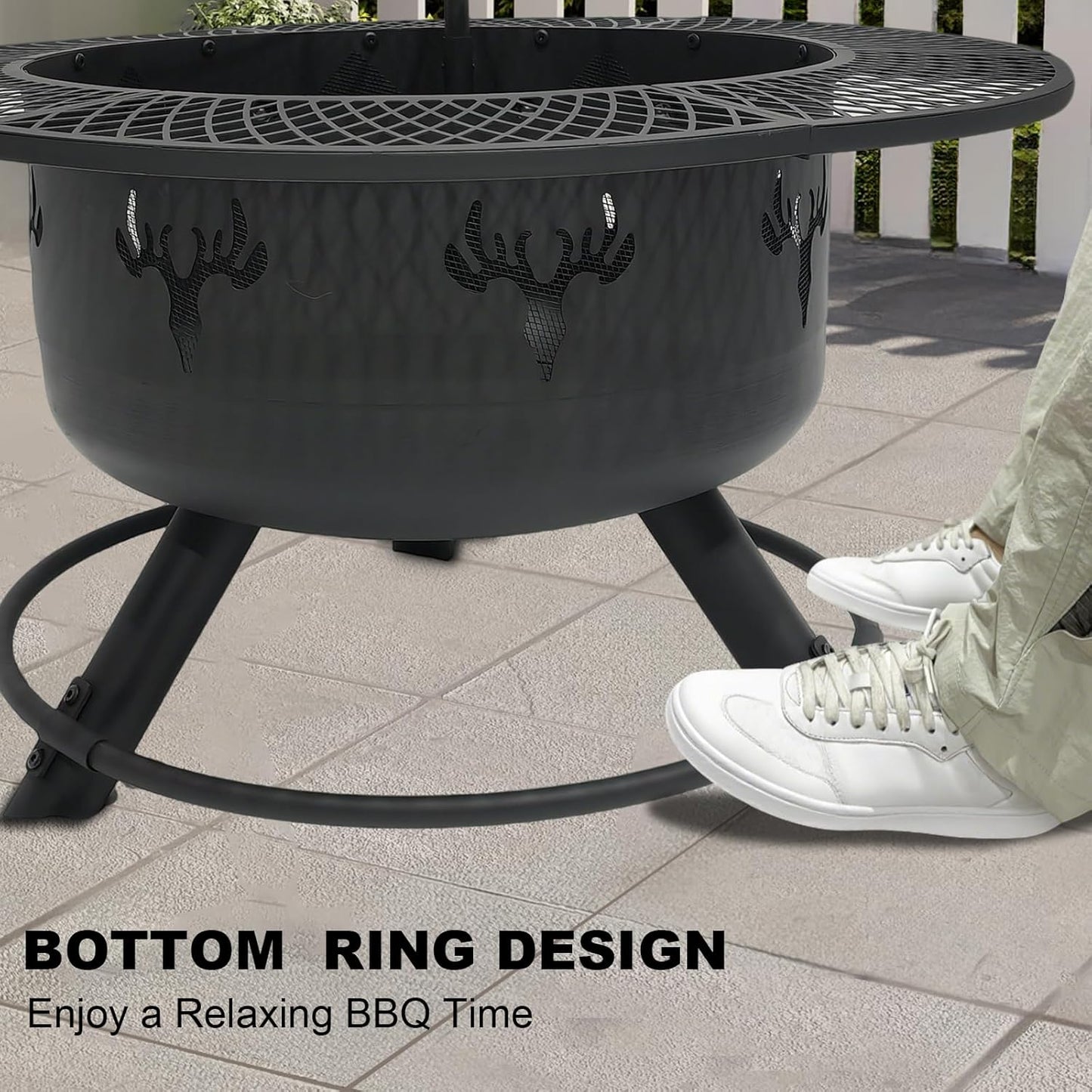 Yivke 30.5" 3-Tier Outdoor Fire Pit,Top-Rotating Grill, Storage Shelf &amp; Fire Basin with Poker/Grill Net Rotating Gatio, Storage Deck Fire Bowl, BBQ Fire Pit, Bonfire, Camping, Backyard, Black