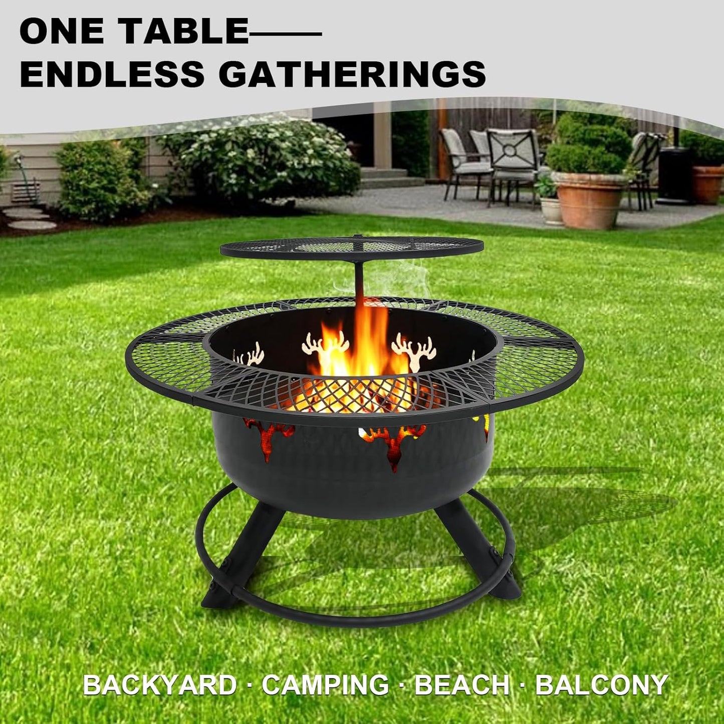 Yivke 30.5" 3-Tier Outdoor Fire Pit,Top-Rotating Grill, Storage Shelf &amp; Fire Basin with Poker/Grill Net Rotating Gatio, Storage Deck Fire Bowl, BBQ Fire Pit, Bonfire, Camping, Backyard, Black