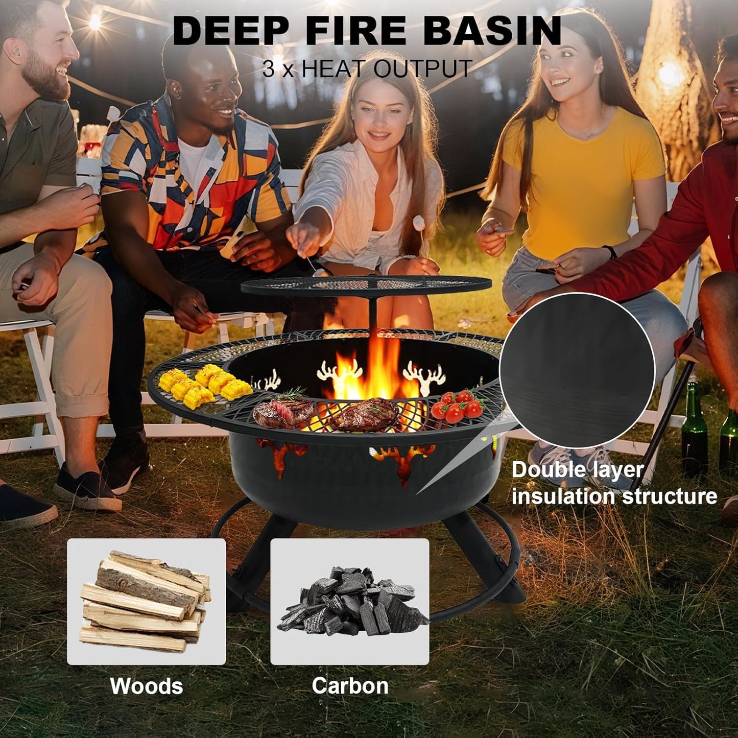 Yivke 30.5" 3-Tier Outdoor Fire Pit,Top-Rotating Grill, Storage Shelf &amp; Fire Basin with Poker/Grill Net Rotating Gatio, Storage Deck Fire Bowl, BBQ Fire Pit, Bonfire, Camping, Backyard, Black